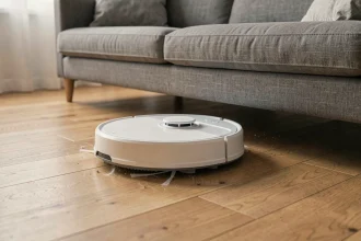 Robot aspirateur autonome naviguant sur un parquet en chêne dans un salon moderne et épuré
