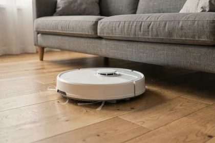 Robot aspirateur autonome naviguant sur un parquet en chêne dans un salon moderne et épuré