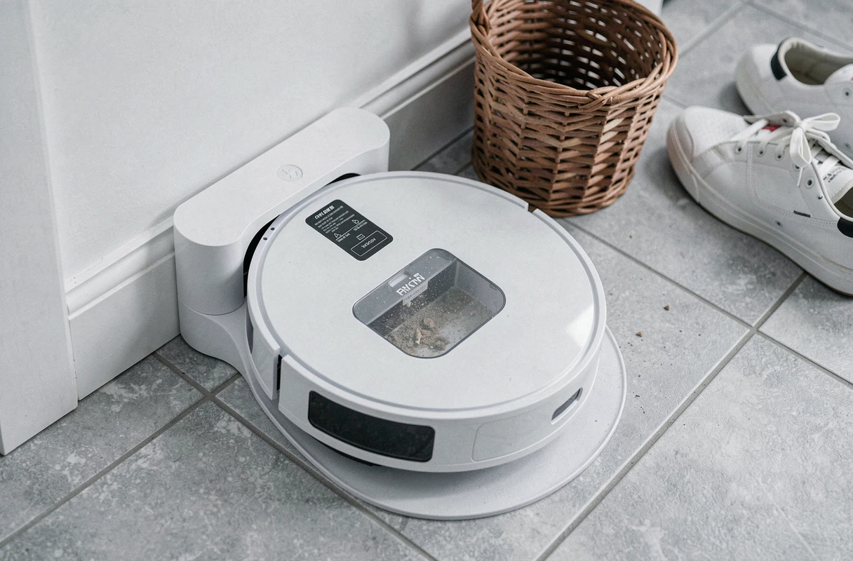Robot nettoyeur sur sa base de recharge dans un couloir propre et bien organisé avec un bac à poussière visible