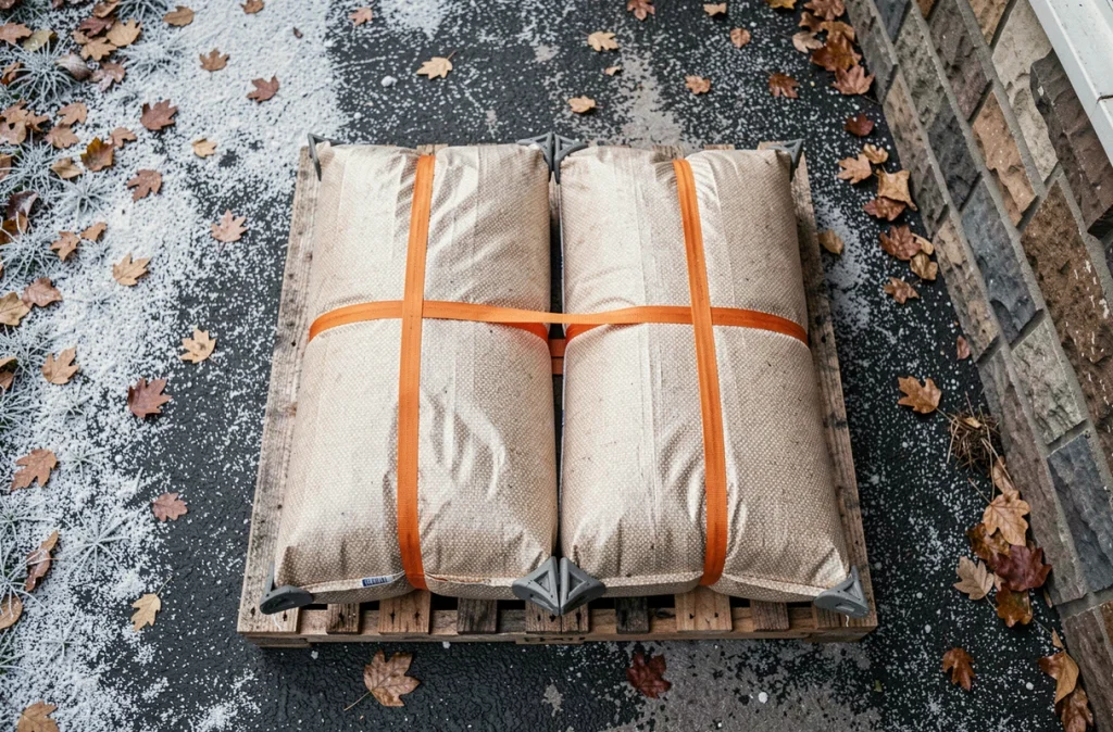 Vue aérienne de sacs de pellets sanglés avec des protections d'angle sur une palette devant une maison