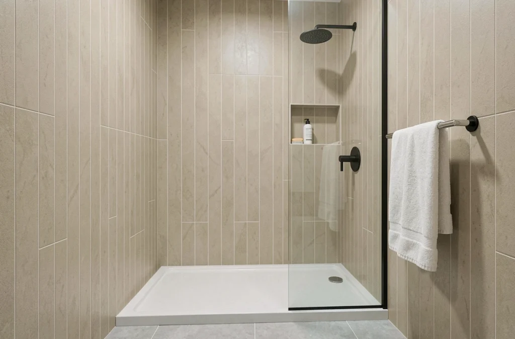 Salle de bain moderne avec receveur de douche extra plat affleurant le carrelage, installation terminée avec paroi en verre et robinetterie noire mate