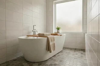 Salle de bain rénovée avec baignoire îlot blanche et carrelage hexagonal gris au sol