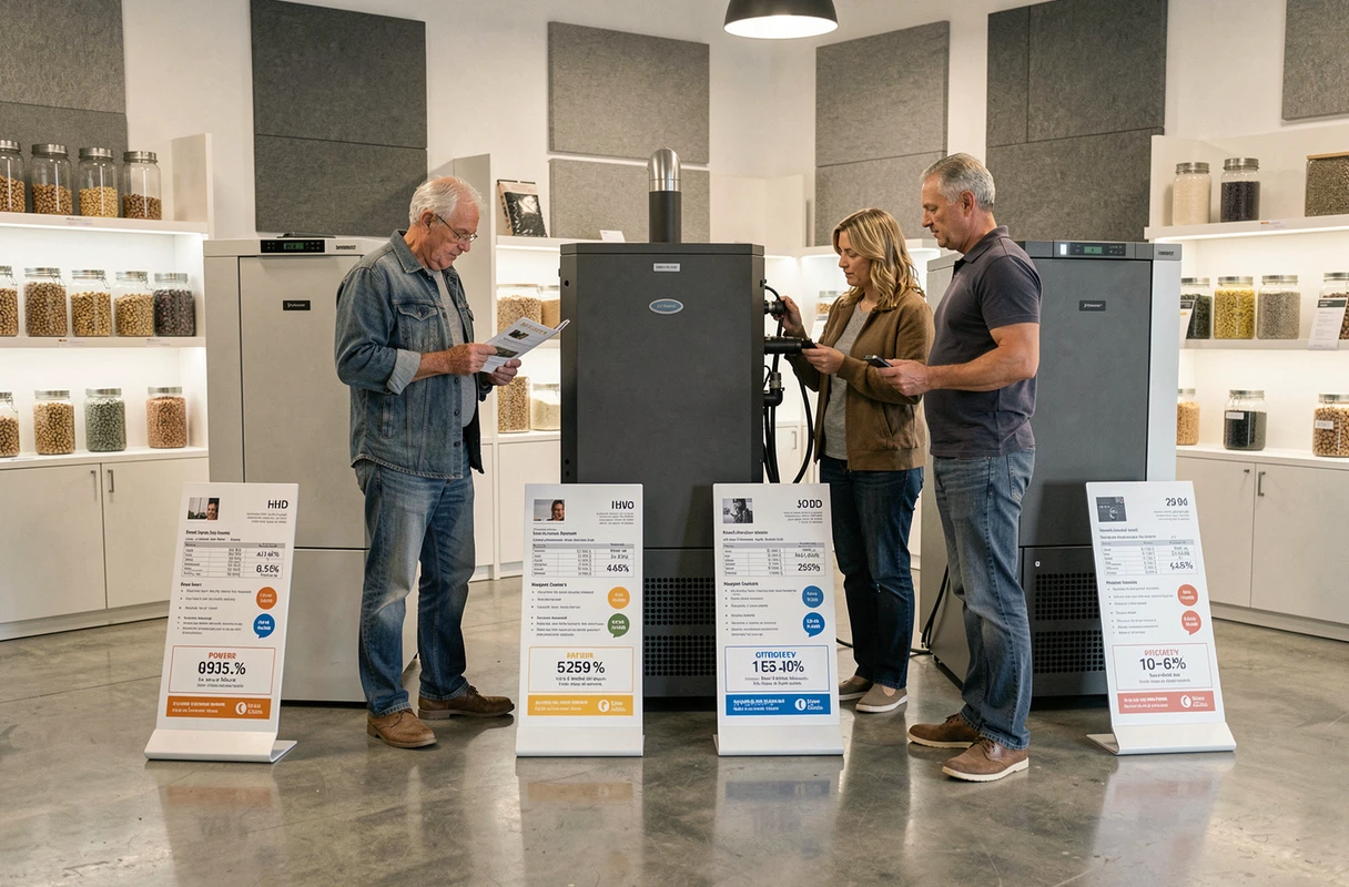 Couple comparant plusieurs modèles de chaudières à granulés dans un showroom de chauffage