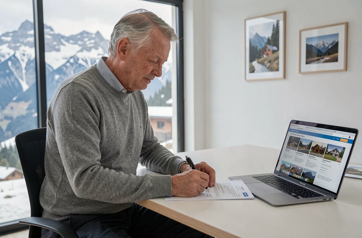 Investisseur signant un contrat d'achat immobilier en agence avec vue sur les Alpes enneigées