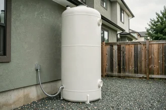 Silo de stockage de pellets installé contre la façade extérieure d'une maison individuelle avec raccordement au sous-sol