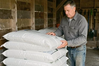 Homme rangeant des sacs de pellets dans un abri de jardin en bois pendant une période de transition saisonnière