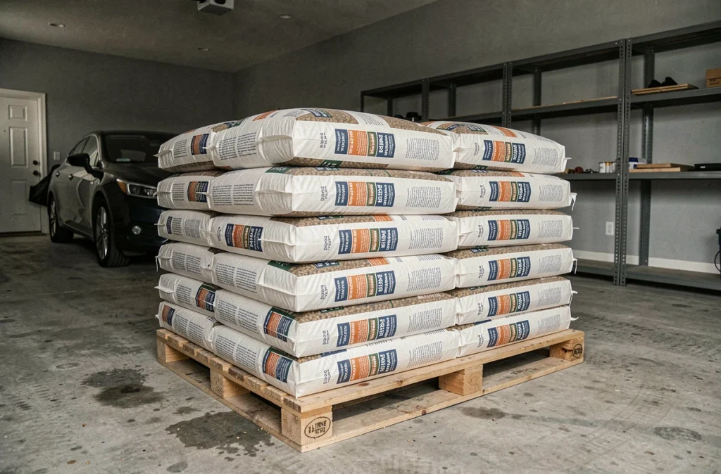 Sacs de pellets empilés sur palette dans un garage domestique pour un stockage temporaire entre deux saisons