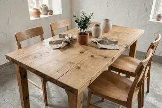 Table en chêne brut avec veinage naturel dans une salle à manger minimaliste au style scandinave