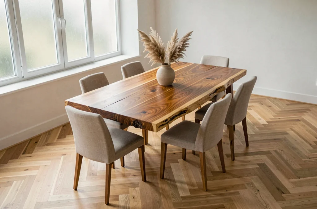 Table à manger en bois d'acacia massif dans une salle à manger scandinave lumineuse, mettant en valeur la durabilité et l'esthétique du bois exotique pour les meubles.