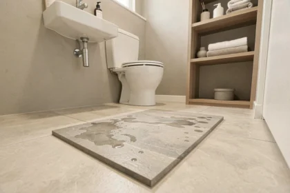 Tapis en diatomite fin posé sur le sol carrelé d'une petite salle de bain moderne bien organisée