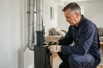 Technicien déconnectant un poêle à granulés de son conduit de fumée dans un salon moderne