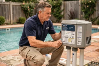 Technicien de piscine inspectant un électrolyseur au sel installé sur un système de filtration résidentiel