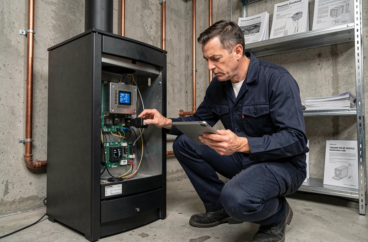 Technicien inspectant les composants connectés et capteurs internes d'un poêle à granulés intelligent