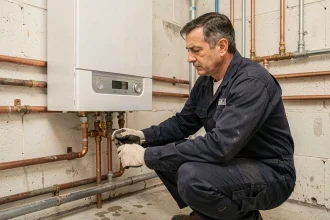 Technicien chauffagiste inspectant les raccordements d'une nouvelle chaudière à condensation installée sur un circuit de chauffage existant