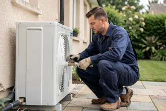 Technicien HVAC inspectant une pompe à chaleur air-air installée sur la façade extérieure d'une maison individuelle