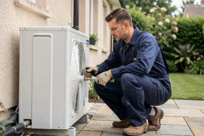 Technicien HVAC inspectant une pompe à chaleur air-air installée sur la façade extérieure d'une maison individuelle