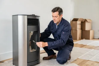 Technicien inspectant un poêle à pellets lors d'une réinstallation dans un nouveau logement fraîchement rénové