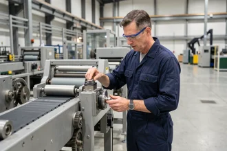 Technicien industriel inspectant un système d'alimentation automatique sur une chaîne de production manufacturière