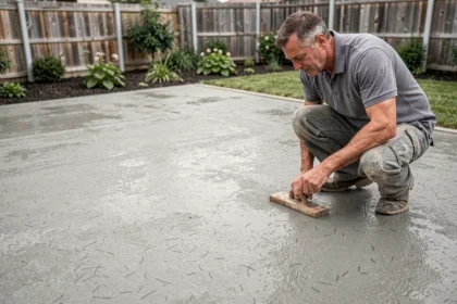 Artisan inspectant une terrasse en béton fibré fraîchement coulée dans un jardin résidentiel