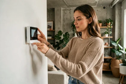 Femme ajustant un thermostat intelligent dans un appartement urbain moderne pour réduire sa consommation énergétique