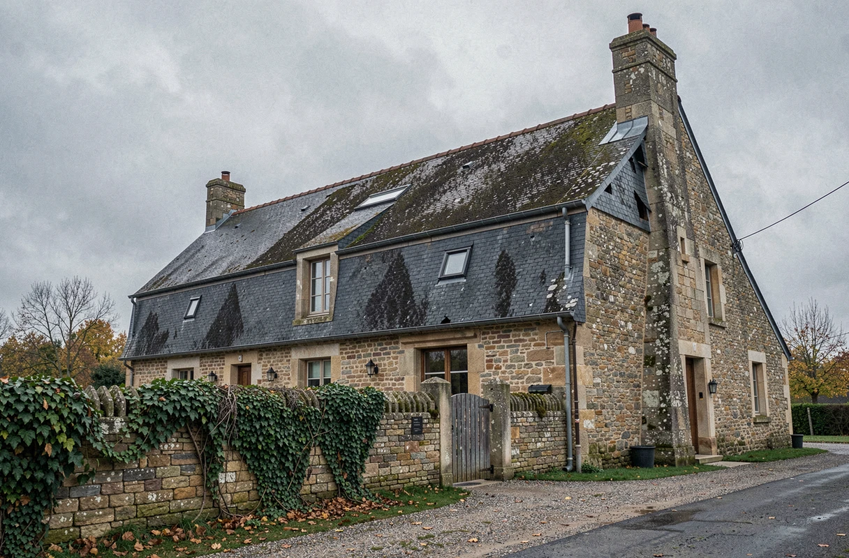 Vue extérieure d'une maison en pierre avec un toit en ardoise endommagé et une gouttière décollée à rénover avant l'hiver