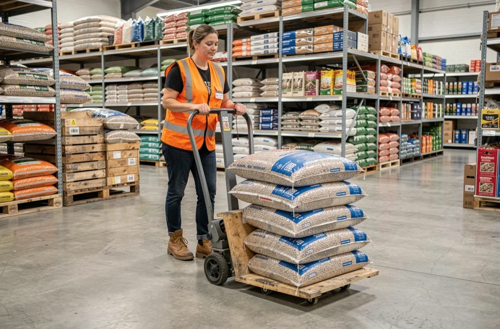 Femme transportant des sacs de pellets emballés avec un transpalette manuel dans un magasin