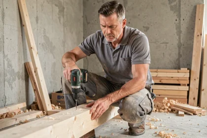 Professionnel utilisant une perceuse Erbauer sur un chantier de rénovation, regard concentré et légèrement dubitatif