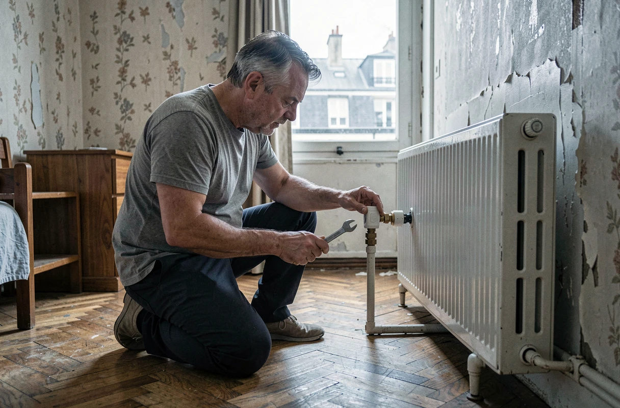 Homme installant une vanne thermostatique sur un radiateur dans un appartement parisien pour économiser l'énergie