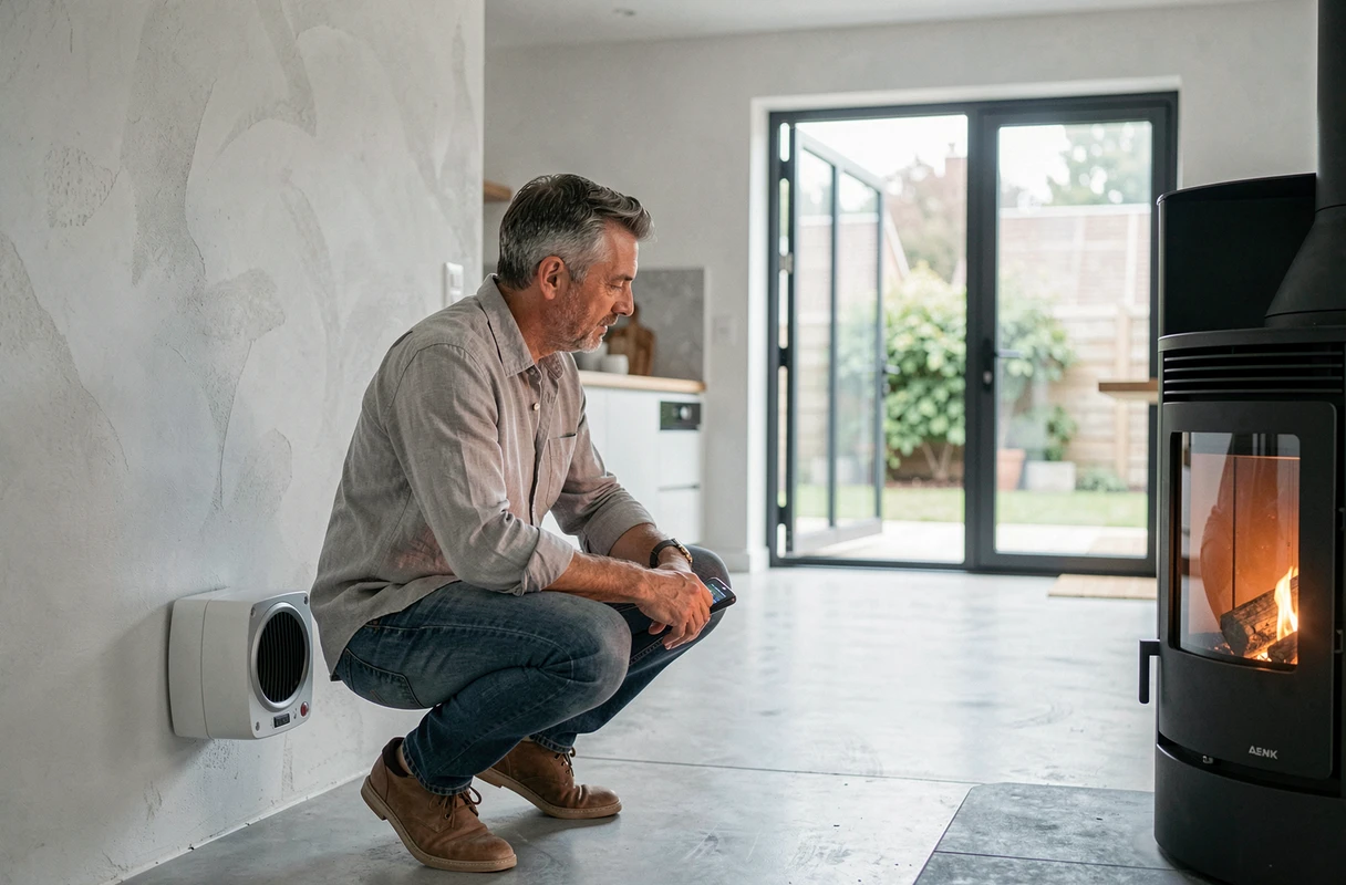 Homme vérifiant la ventilation mécanique et le thermostat d'un poêle à granulés dans un espace ouvert contemporain