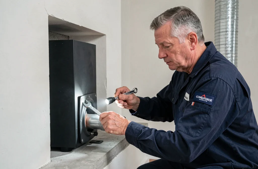 Technicien vérifiant le raccordement du conduit d'un insert à pellets lors de la mise en service