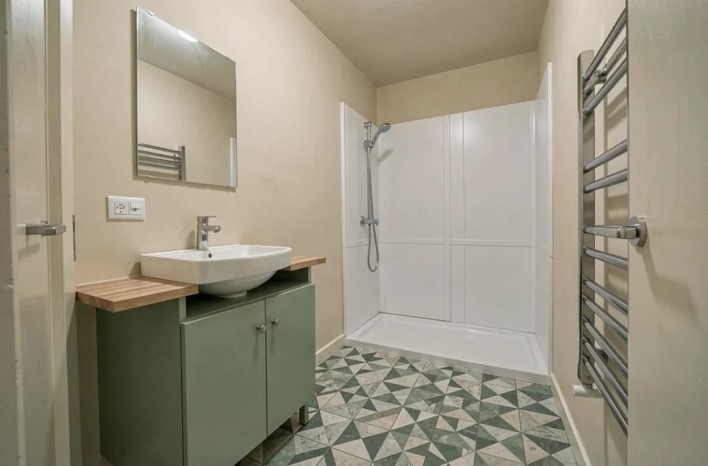 Vue complète salle de bain 4m2 sans WC rénovée avec petit budget et douche acier