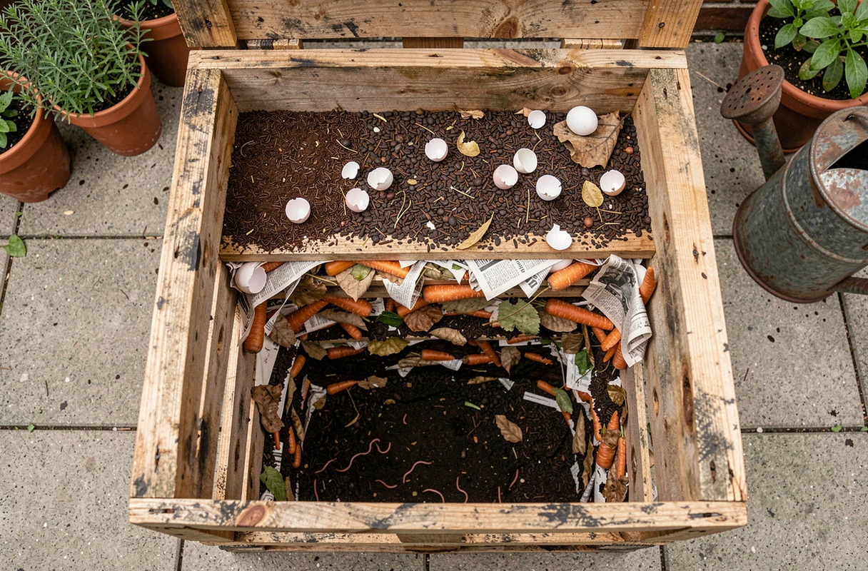 Vue en plongée d'un composteur en palettes de bois recyclées révélant les différentes couches de déchets organiques en décomposition