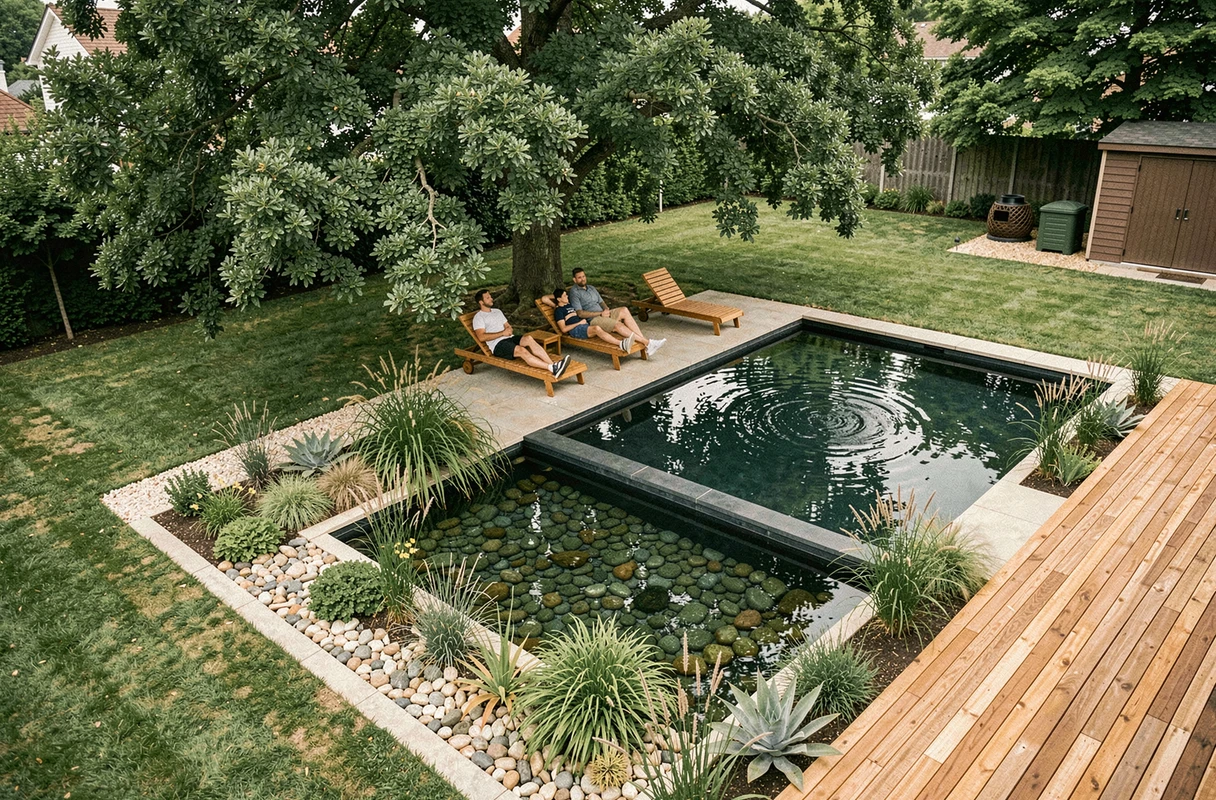Vue d'ensemble d'une piscine naturelle écologique dans un jardin familial sans produits chimiques