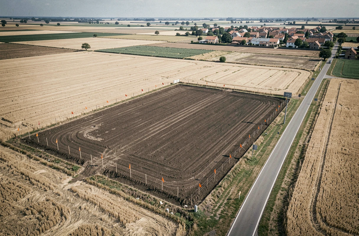 Vue en hauteur d'un terrain constructible délimité par des bornes en zone rurale, avec route et village en arrière-plan