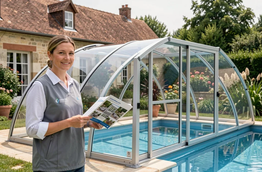 Spécialiste d'Abrimagix présentant un abri de piscine transparent en polycarbonate installé sur une piscine résidentielle dans un jardin du Val de Loire