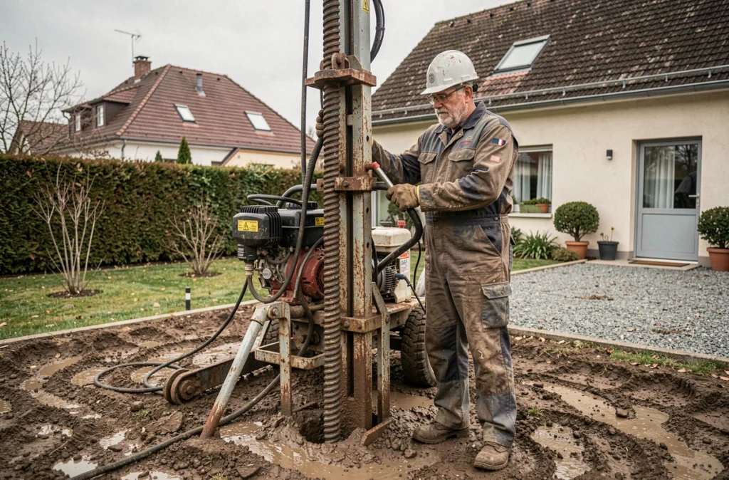 Spécialiste effectuant un forage géothermique pour l'installation d'une pompe à chaleur sur un terrain résidentiel