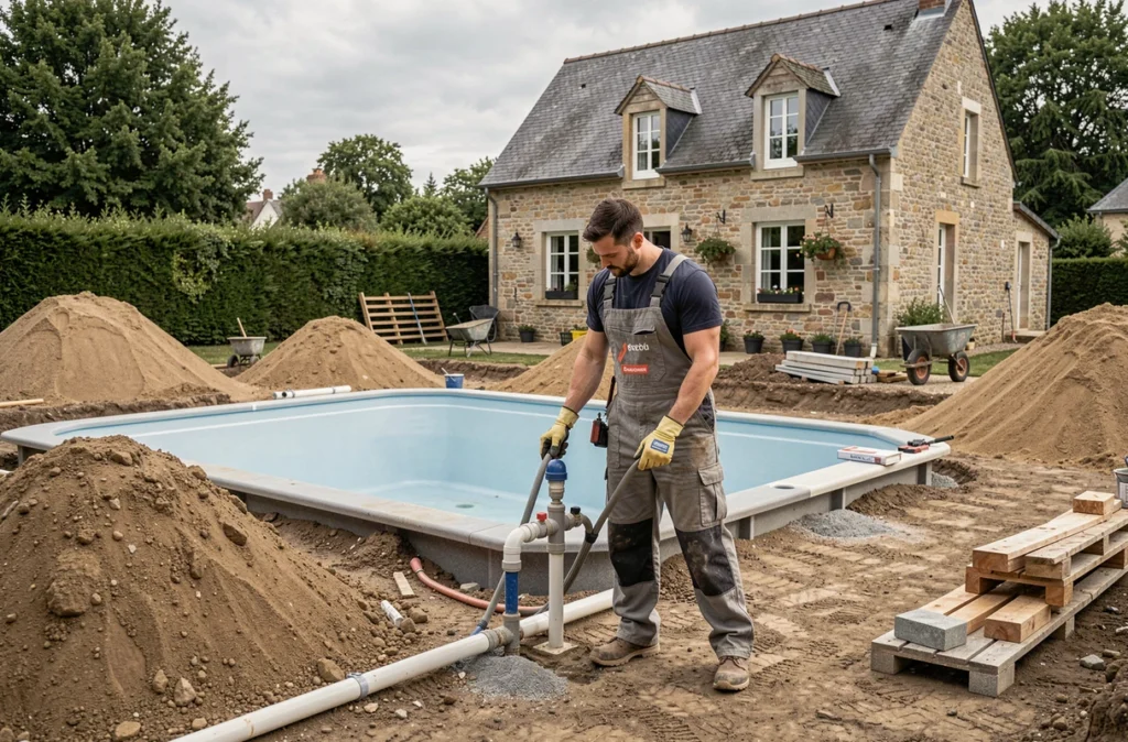 Technicien d'Anjou Piscines Et Loisirs installant des équipements de piscine sur un chantier de construction dans un jardin anjouvin