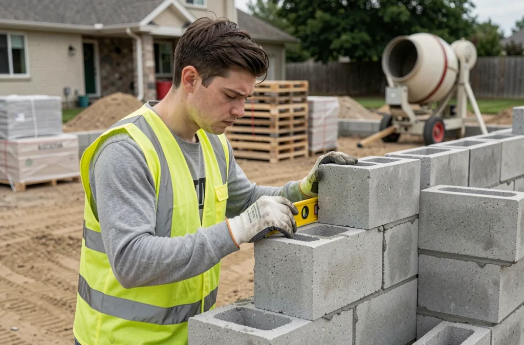 Apprenti maçon empilant des parpaings creux standard lors de la construction d'un mur résidentiel
