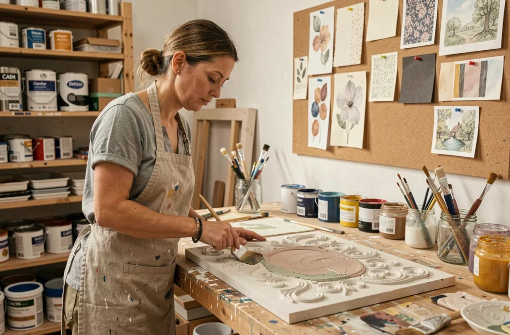 Peintre décoratrice travaillant dans son atelier à Caen sur un panneau de finition décorative