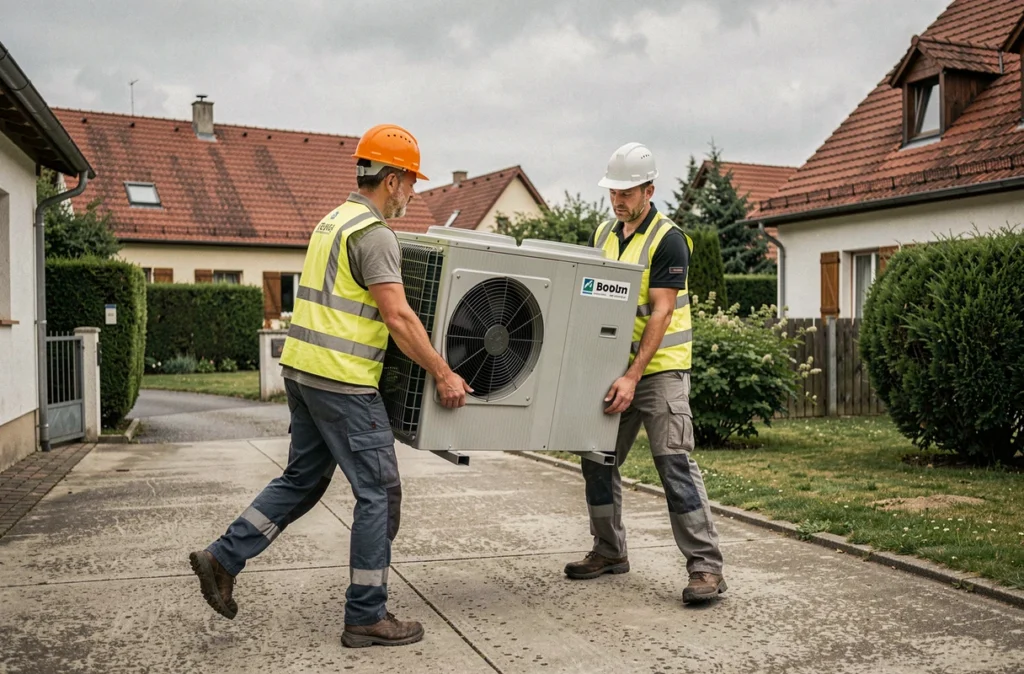 Deux techniciens transportant une unité extérieure de pompe à chaleur dans une rue résidentielle alsacienne