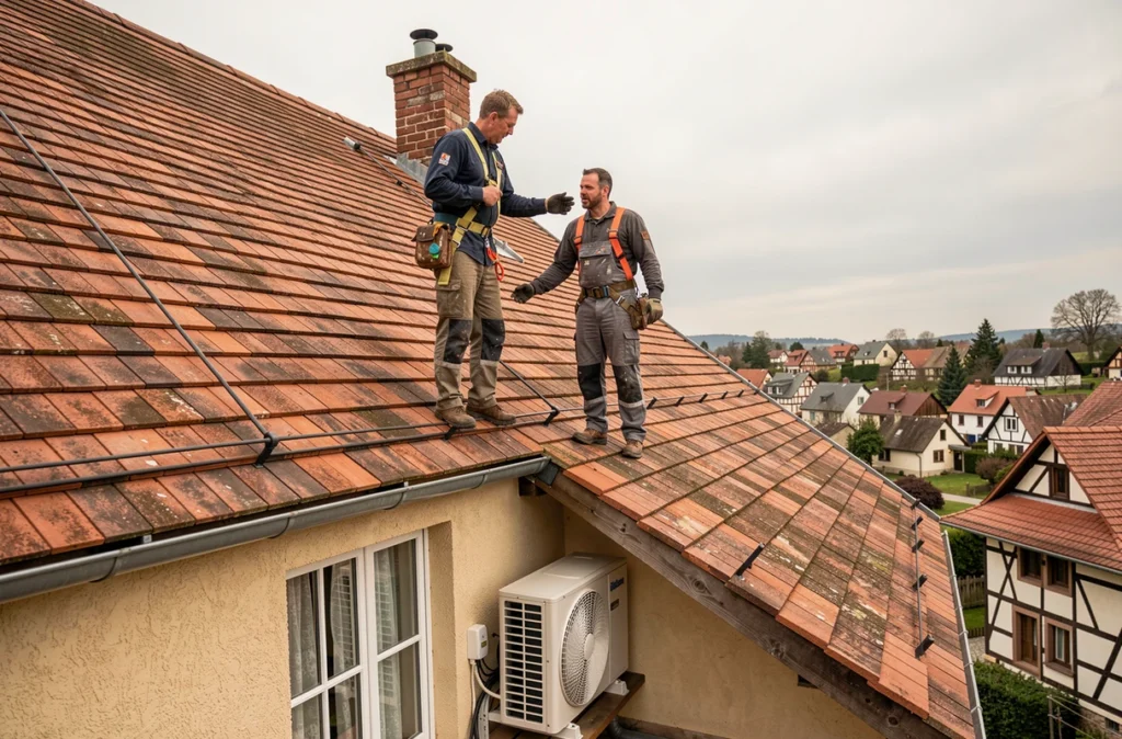 Couvreur installateur sur un toit alsacien avec une pompe à chaleur visible en bas du bâtiment