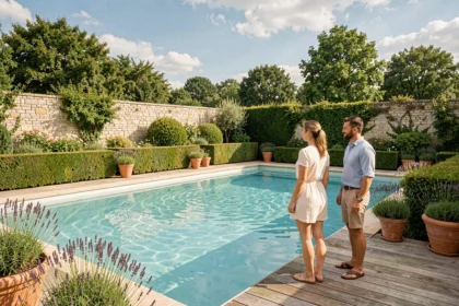 Vue panoramique d'une piscine résidentielle dans un jardin français du Maine-et-Loire entourée de végétation et de murs en pierre