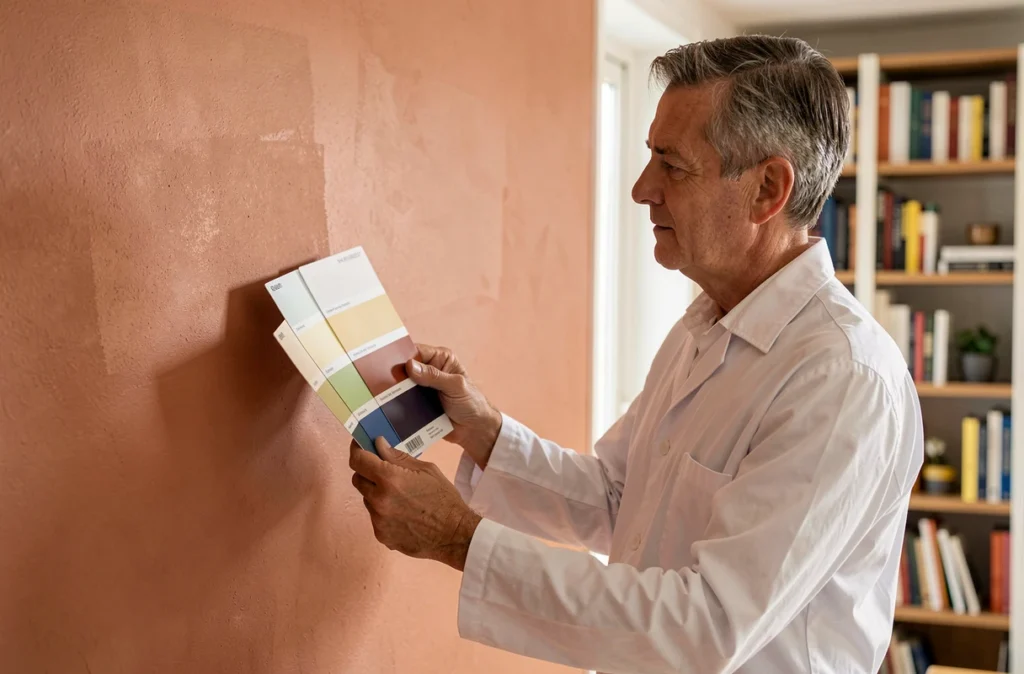Peintre professionnel comparant des nuanciers de couleurs contre un mur rénové à Rouen