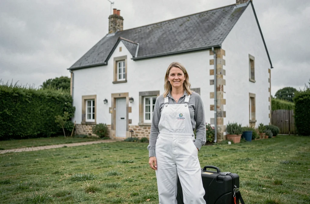 Peintre professionnelle devant une ferme normande fraîchement repeinte dans l'ouest de la Normandie