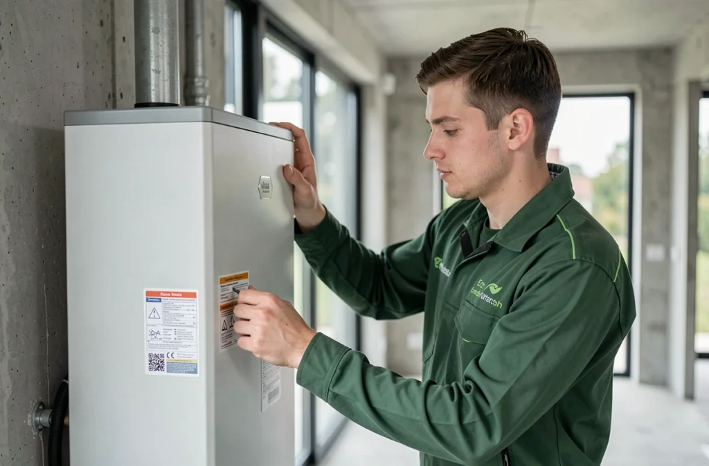 Installateur de solutions bas carbone étiquetant une pompe à chaleur dans une maison à haute efficacité énergétique