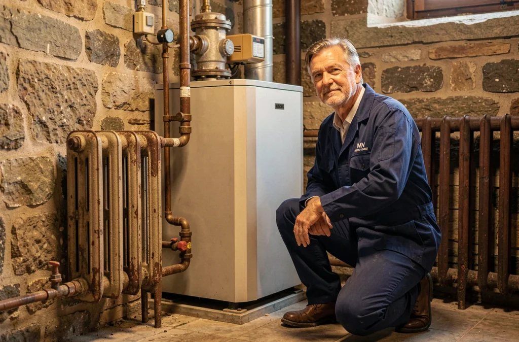 Chauffagiste expérimenté intervenant dans une chaufferie ancienne rénovée avec une pompe à chaleur moderne