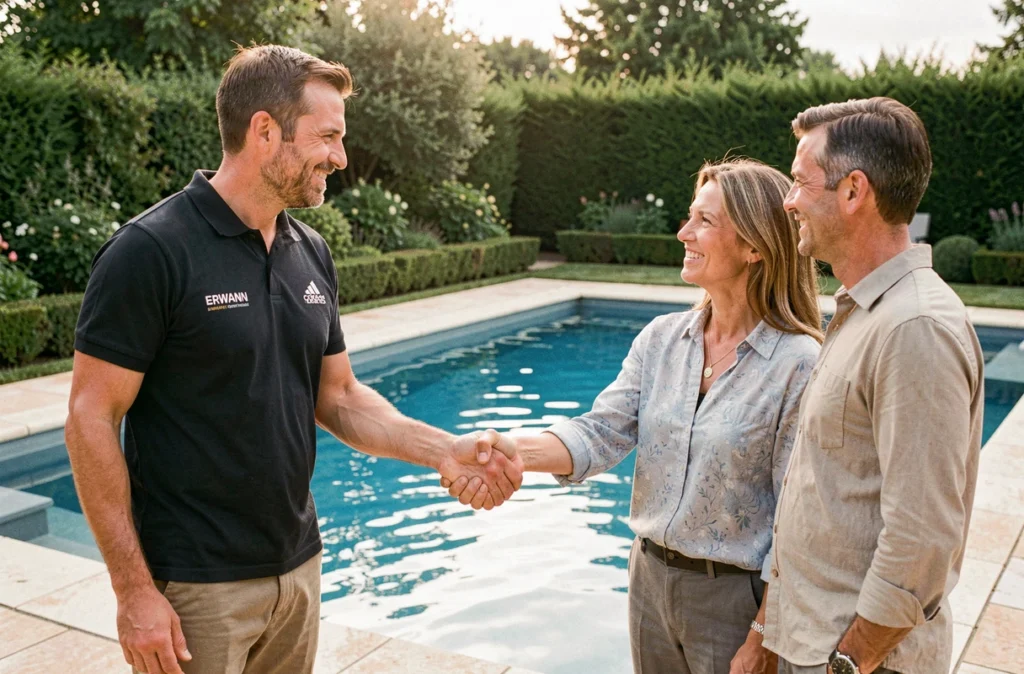 Erwann Le Mignon serrant la main d'un couple de propriétaires satisfaits devant une piscine nouvellement construite dans un jardin français