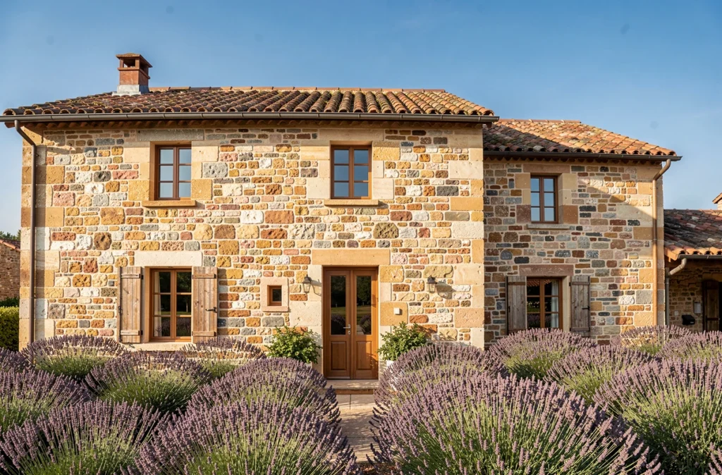 Façade de maison provençale traditionnelle en pierres de moellon calcaire et grès entourée de lavande
