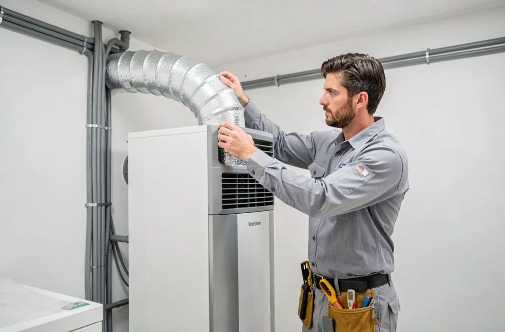 Technicien posant des gaines de ventilation reliées à une pompe à chaleur air/eau dans une pièce technique moderne