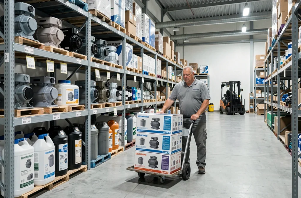 Employé de l'entrepôt de Guinard Meunier Ets Eurl déplaçant des équipements de piscine dans un dépôt de distribution spécialisé